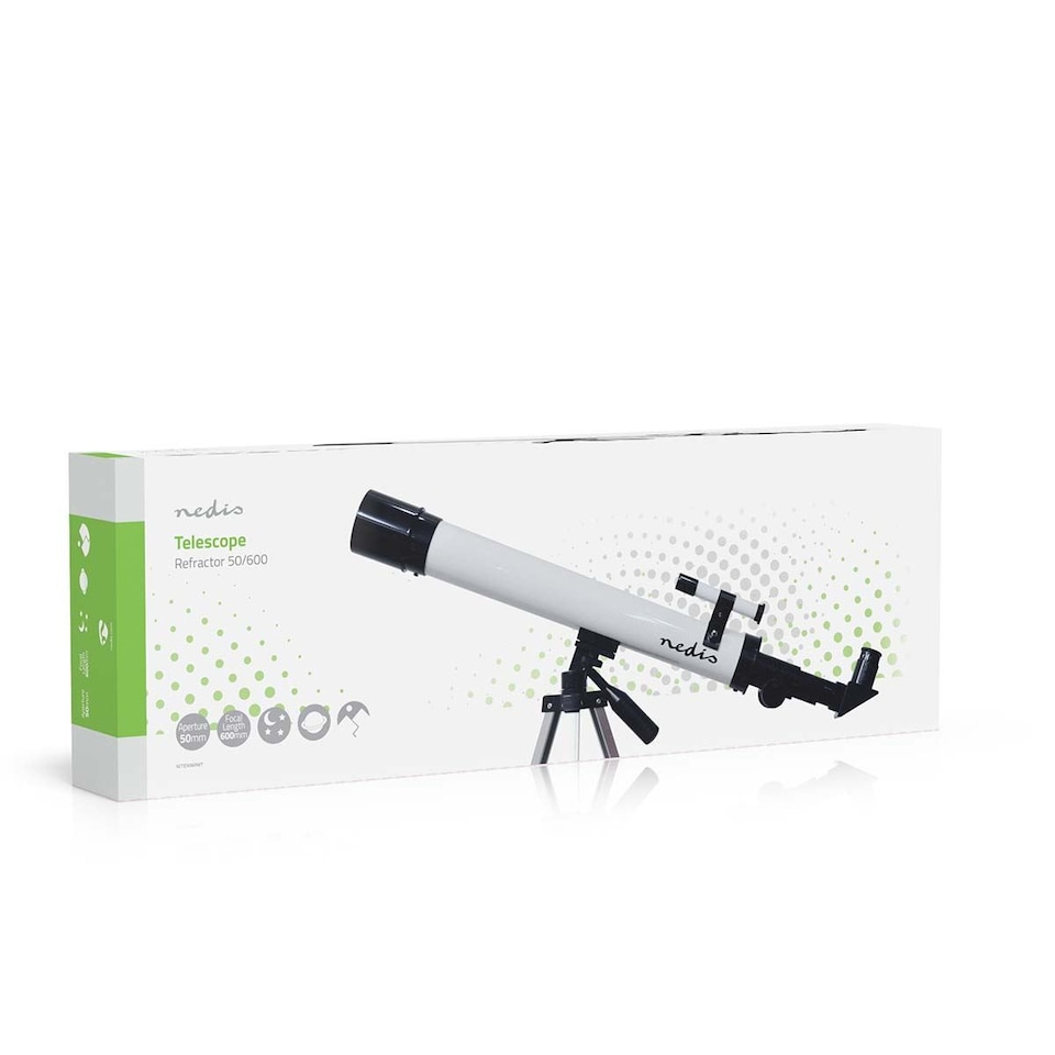 image 1 of Nedis 50/600 Refractor Telescope for Adults, Beginners & Kids, 50mm Aperture 600mm Focal Length (50x-100x), Compact & Portable with Adjustable Tripod, for Astronomy, Stars, Planet and Moon Watching
