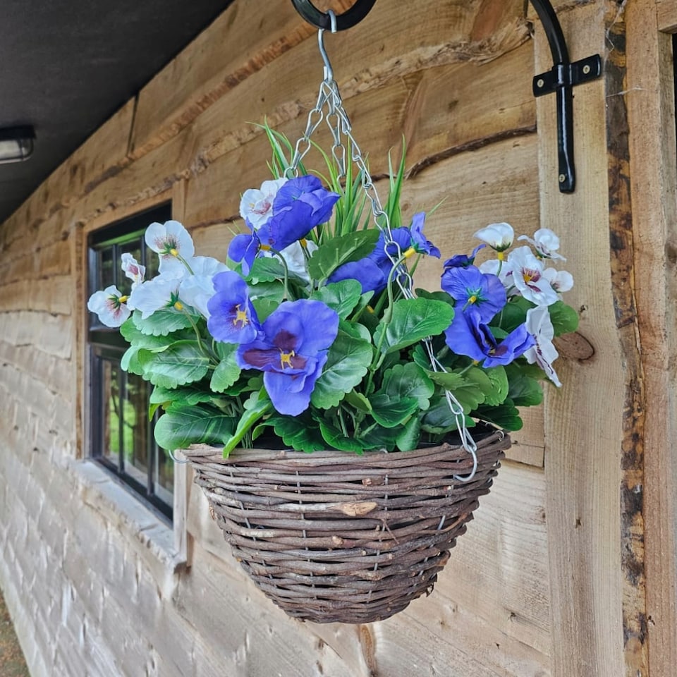 image 1 of Pair of 30cm 10 Inch Lilac & White Pansy Flower with Decorative Rattan Hanging Baskets for Indoor Outdoor Garden Use | Blue | Lilac & White | 1