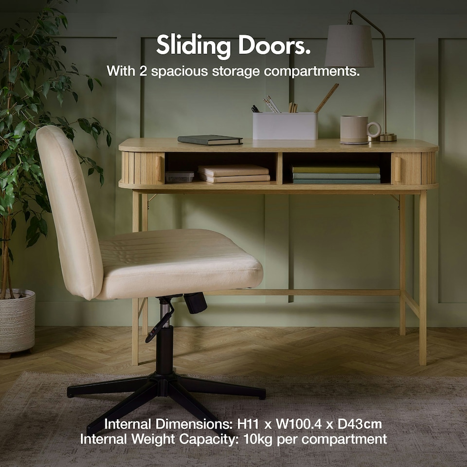 image 1 of VonHaus Landos Computer Desk with Sliding Doors and Tambour Finish Brown