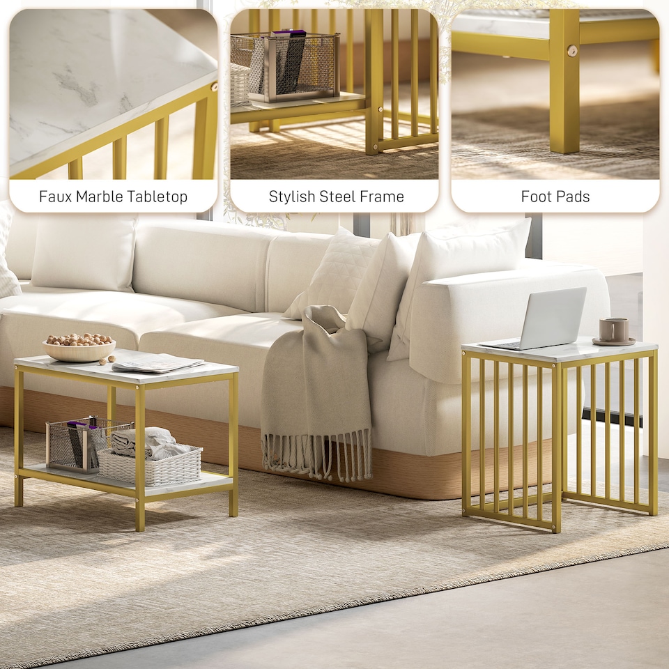 image 1 of HOMCOM Modern Coffee Table Set of Two, Marble-Effect Nesting Side Tables with Steel Frame for Living Room, Gold Tone