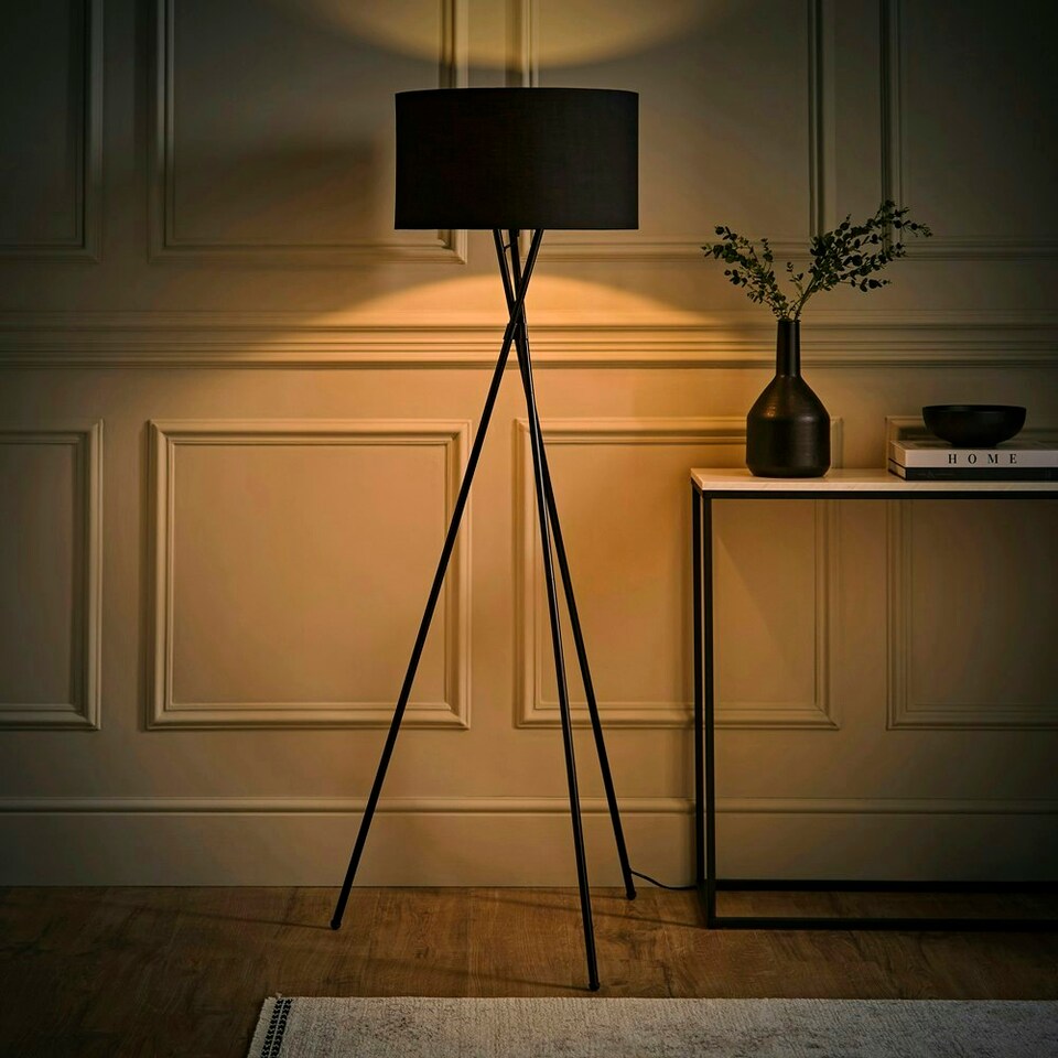 image 1 of ValueLights Camden Black Tripod Floor Lamp Black Shade & Bulb Black