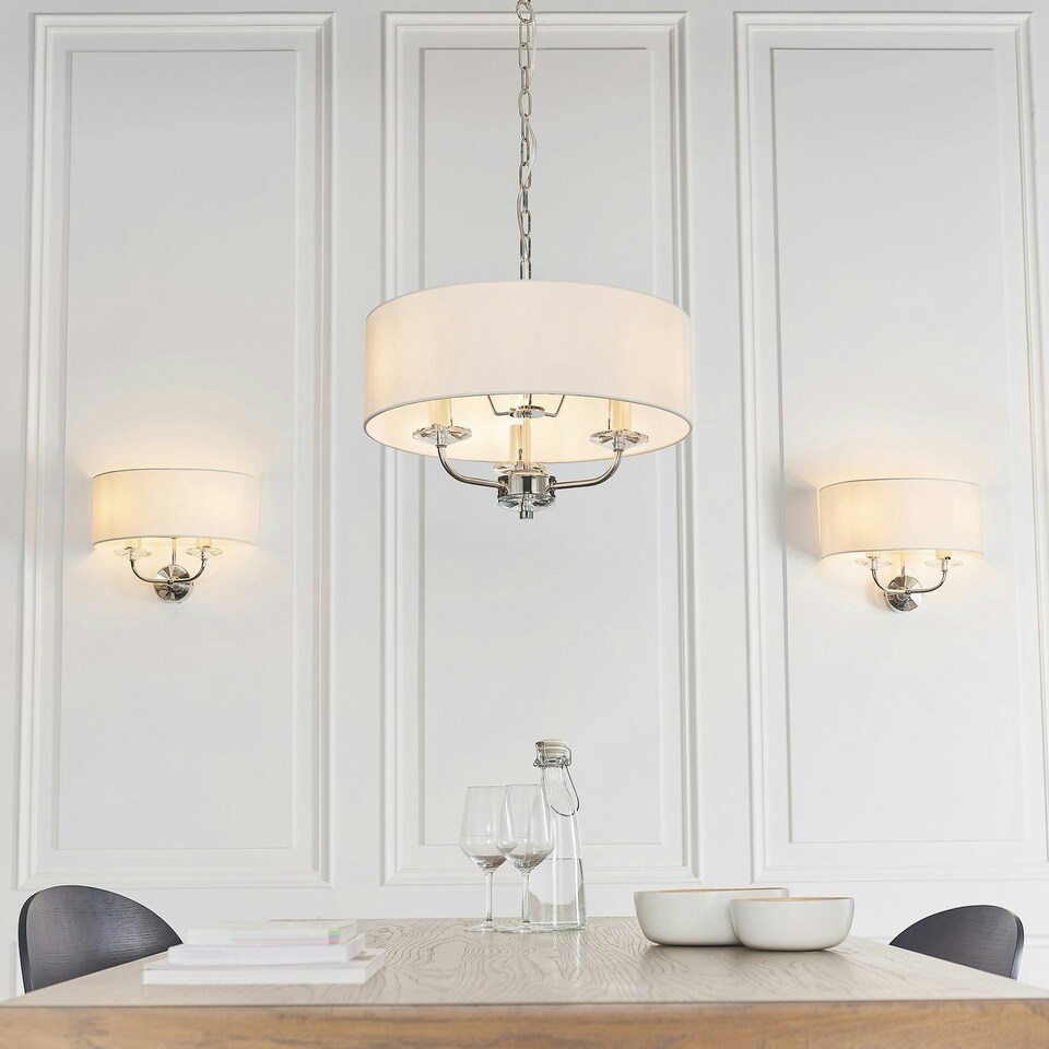 image 1 of Nixon 2 Light Indoor Candle Wall Light Nickel Plate, White Faux Silk, E14