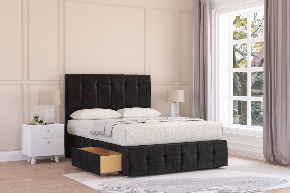 image 1 of Sloomy Cambridge Black Plush Divan Bed Base 2 Drawers Right Side With 54 Inch Floor Standing Headboard & 12 Inch Matching Footboard | Black | Black | Double | 1