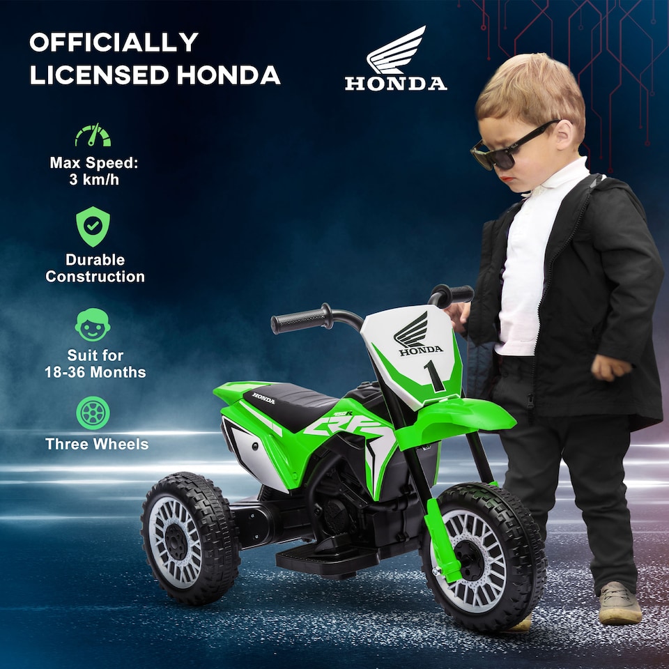 image 1 of HOMCOM Honda Licensed 6V Kids Electric Motorbike, Three Wheel Ride On Motorcycle Car with Horn, Sound, for Ages 18-36 Months - Green