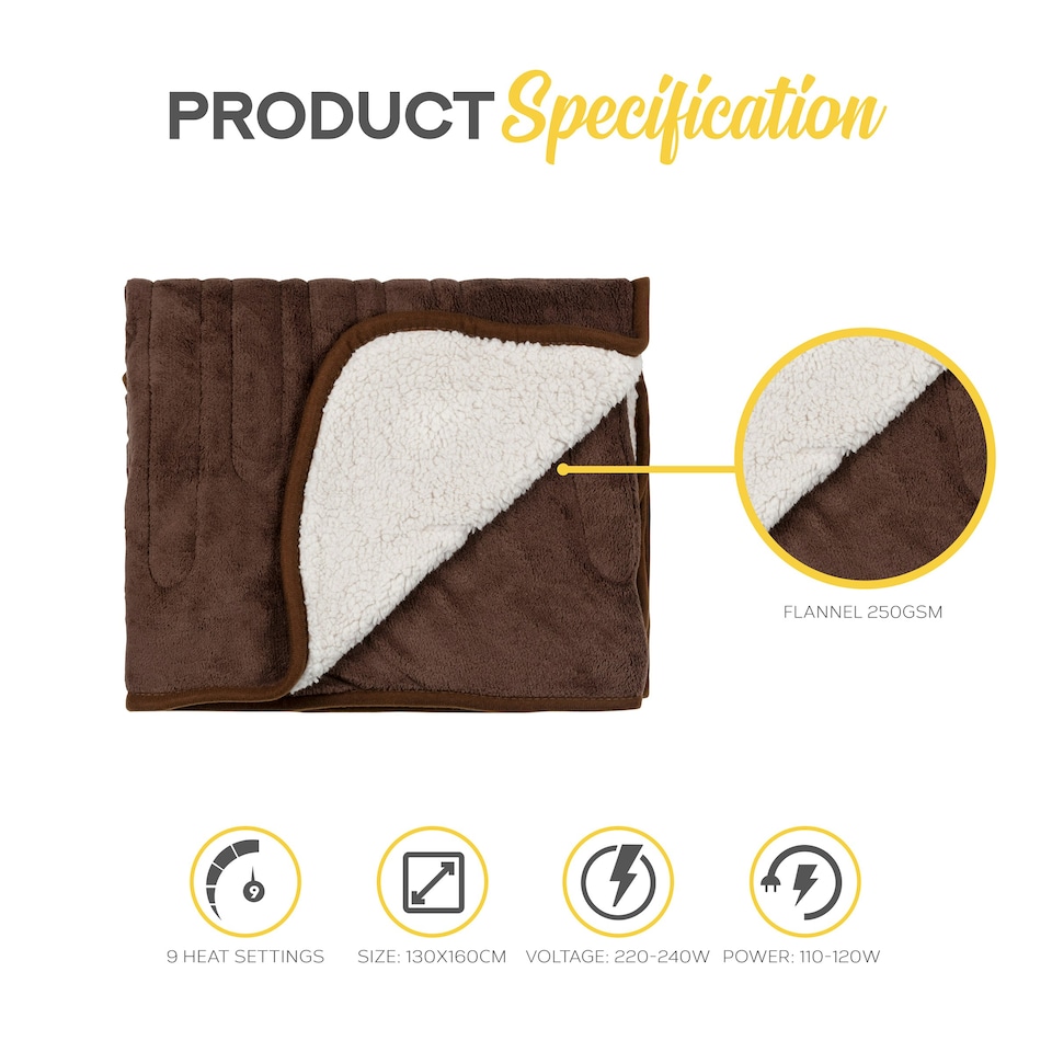 image 1 of MONHOUSE Heated Throw - Electric Blanket - Digital Controller - Timer up to 9 hours, 9 Heat Settings, Auto Shutoff - Single 130X160cm - Brown Shearling
