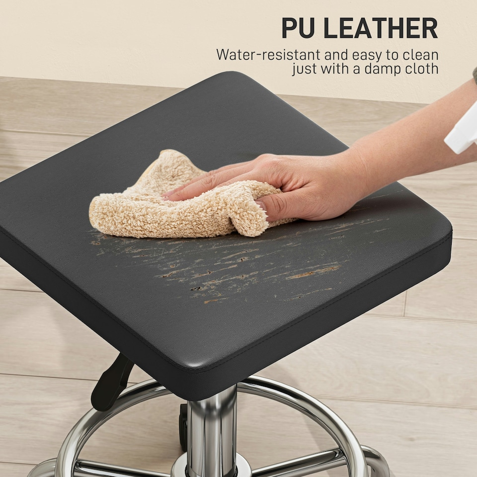 image 1 of HOMCOM PU Leather Rolling Stool, Height Adjustable Salon Chair, Black Black | Black
