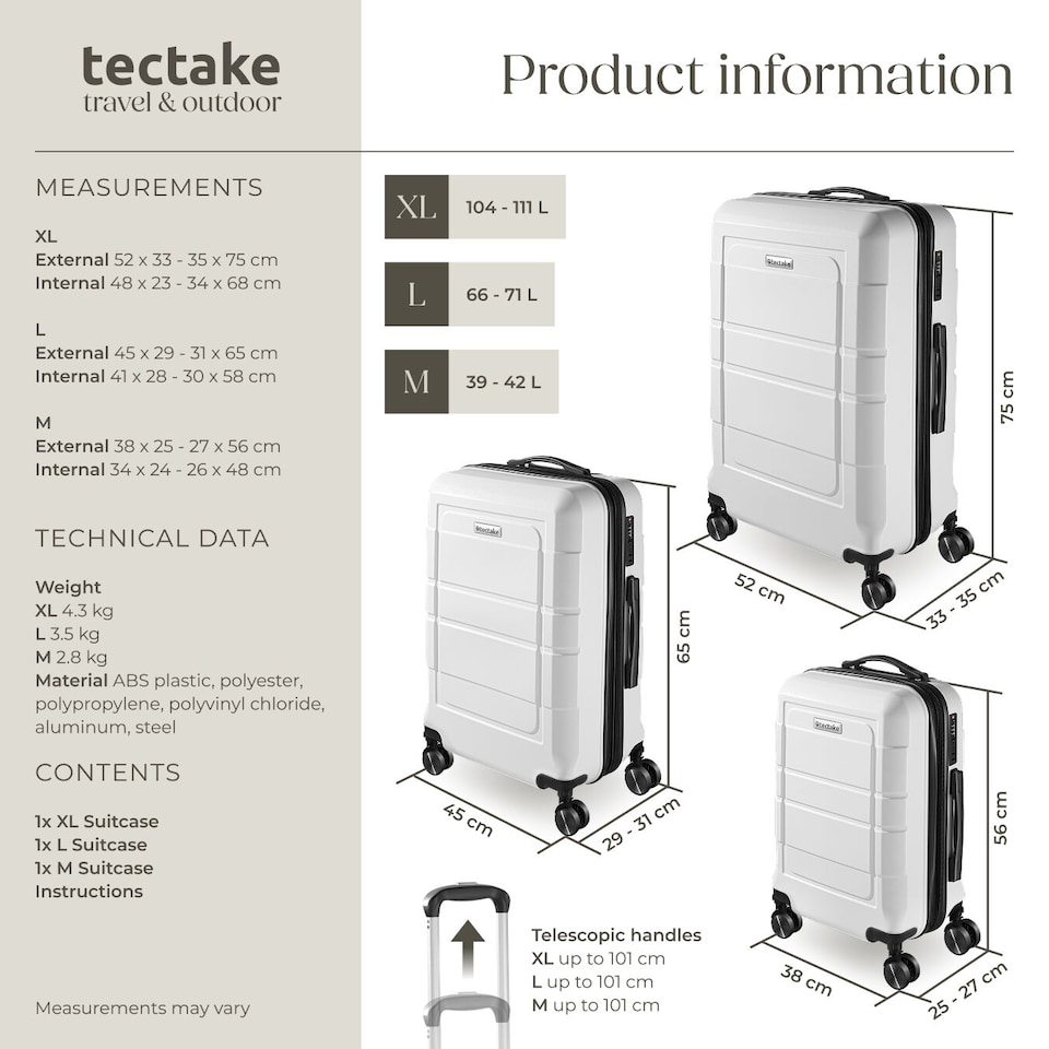 image 1 of Suitcase Luggage Set - L, M and S sizes, ABS plastic, swivel wheels, combination lock | White | white | 1