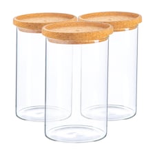 Argon Tableware Glass Storage Jars - Cork Lid - 1 Litre - Modern Round Scandi Organisation Container Glass Jar - Set of 3