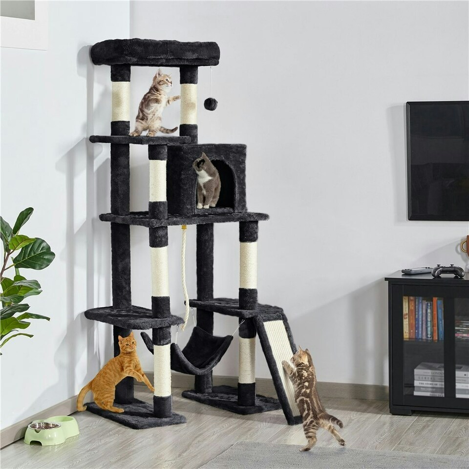 image 1 of Yaheetech Large Cat Tower with Hammock Scratching Posts Black