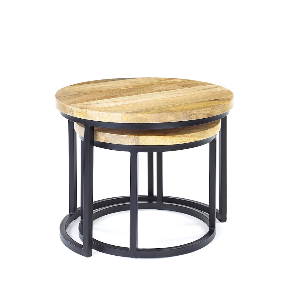 image 1 of Wooden Light Oak Finish Black Metal Round Nest Of Two 2 Tables End Side Lamp H48 x W55.5 x D55.5cm
