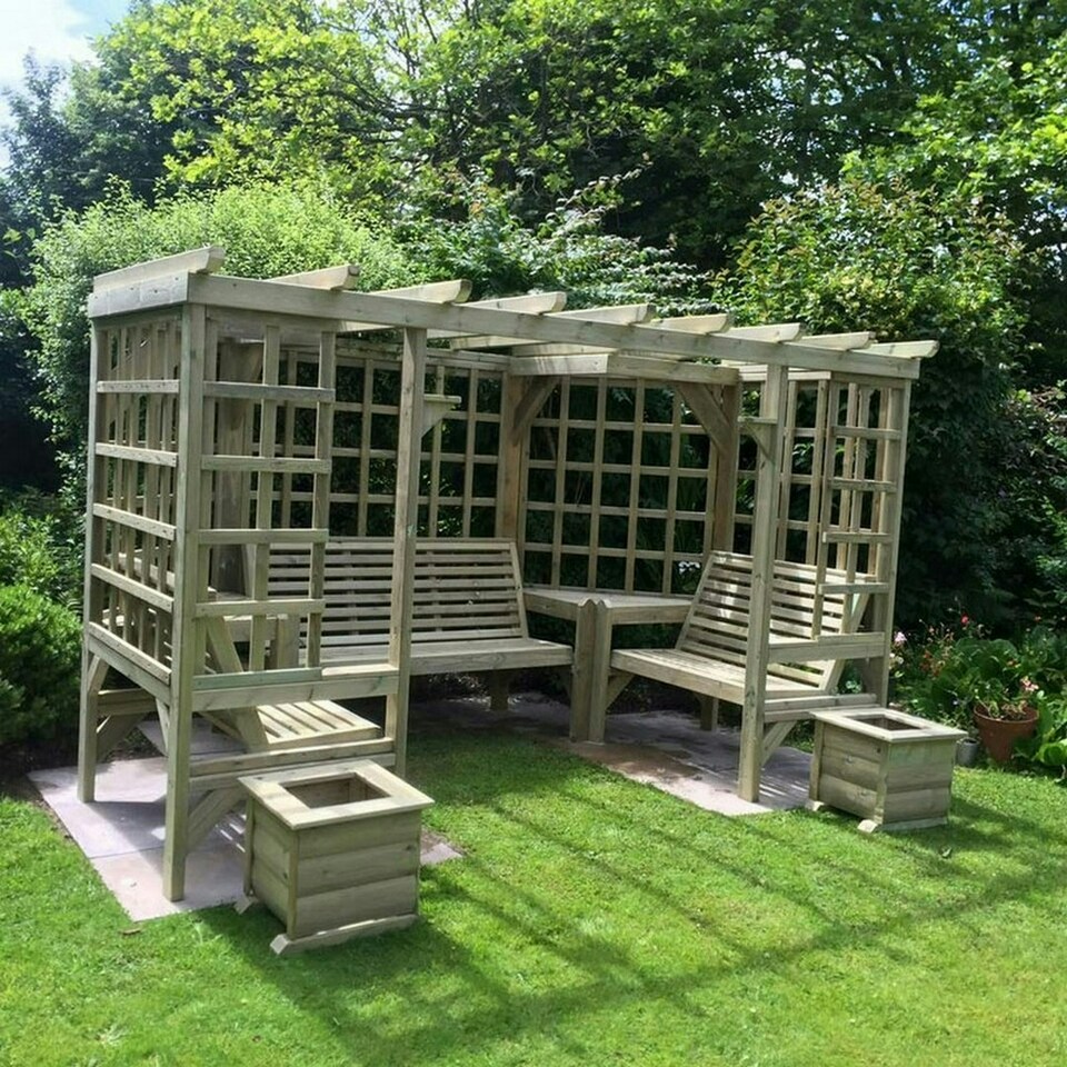 image 1 of The Riviera Seated Pergola, Corner Arbour Seat - L210 x W335 x H205 cm - Assembly Included - Set of Waterproof Cushions Included