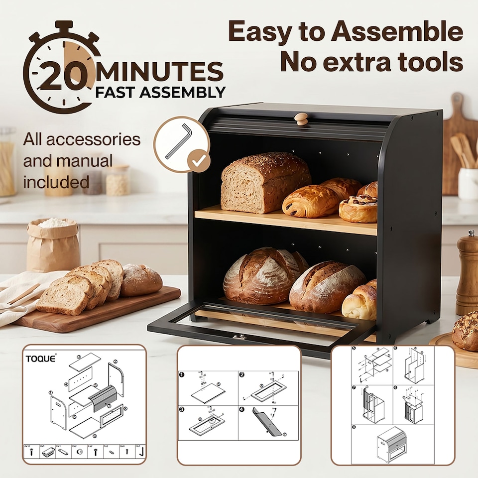 image 1 of Toque Bread Box 2-Tier Large Capacity Roll Top Black Bamboo Acrylic Door