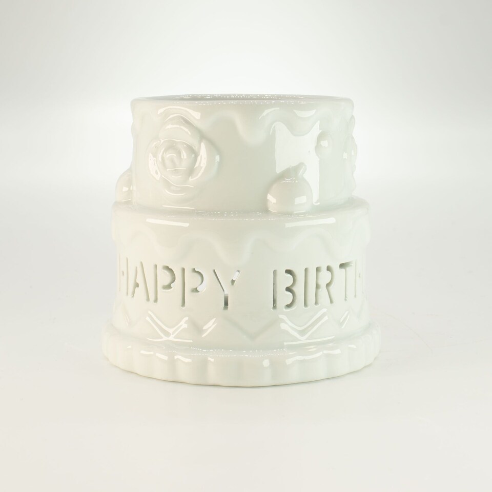 image 1 of Serenityy Ceramic Cake Oil Burner, "Happy Birthday", White