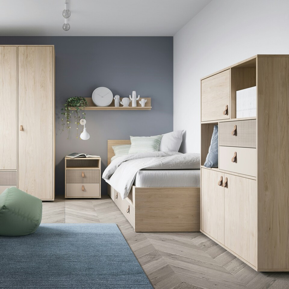 image 1 of Denim 90cm Bed with 1 Drawer in Light Walnut, Grey Fabric Effect and Cashmere