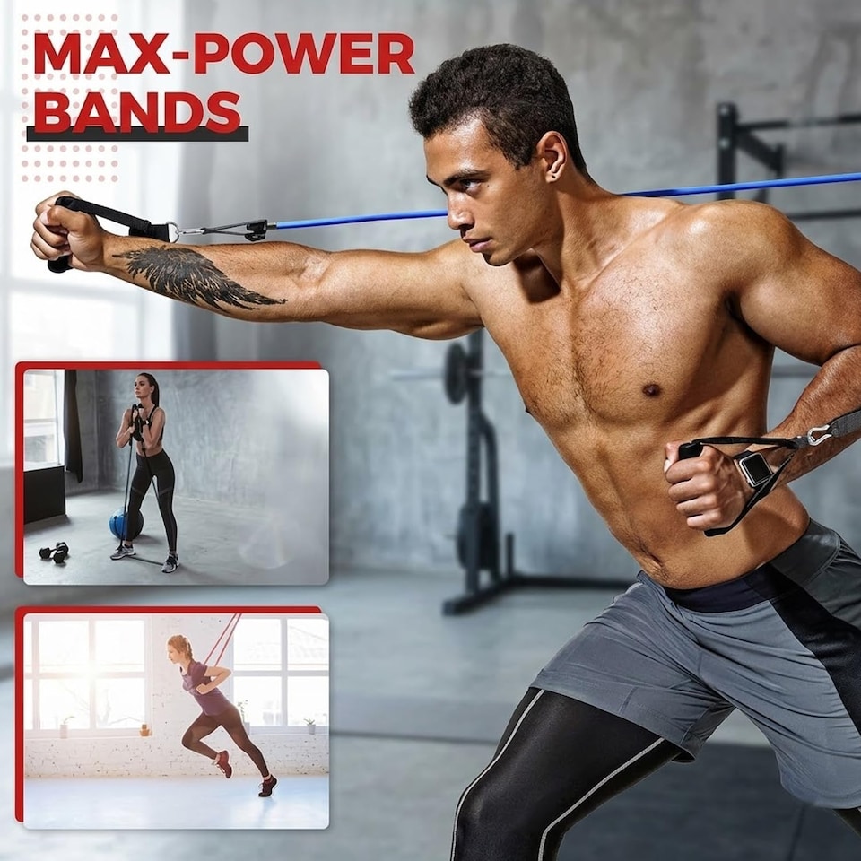 image 1 of 11Pcs Yoga Exercise Bands Resistance Tubes Set Fitness Workout Gym Equipment Stretch Band 5 Anti-Break 2 Foam Handle upto 150LB