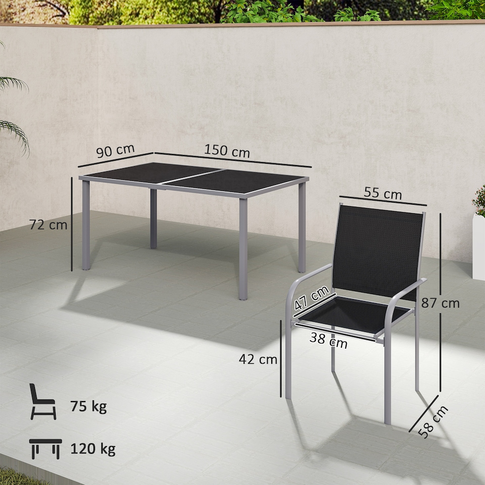 image 1 of Outsunny 7 Piece Garden Dining Set, Outdoor Table and 6 Stackable Chairs, Steel Frame, Tempered Glass Top Table, Mesh Seats, Black