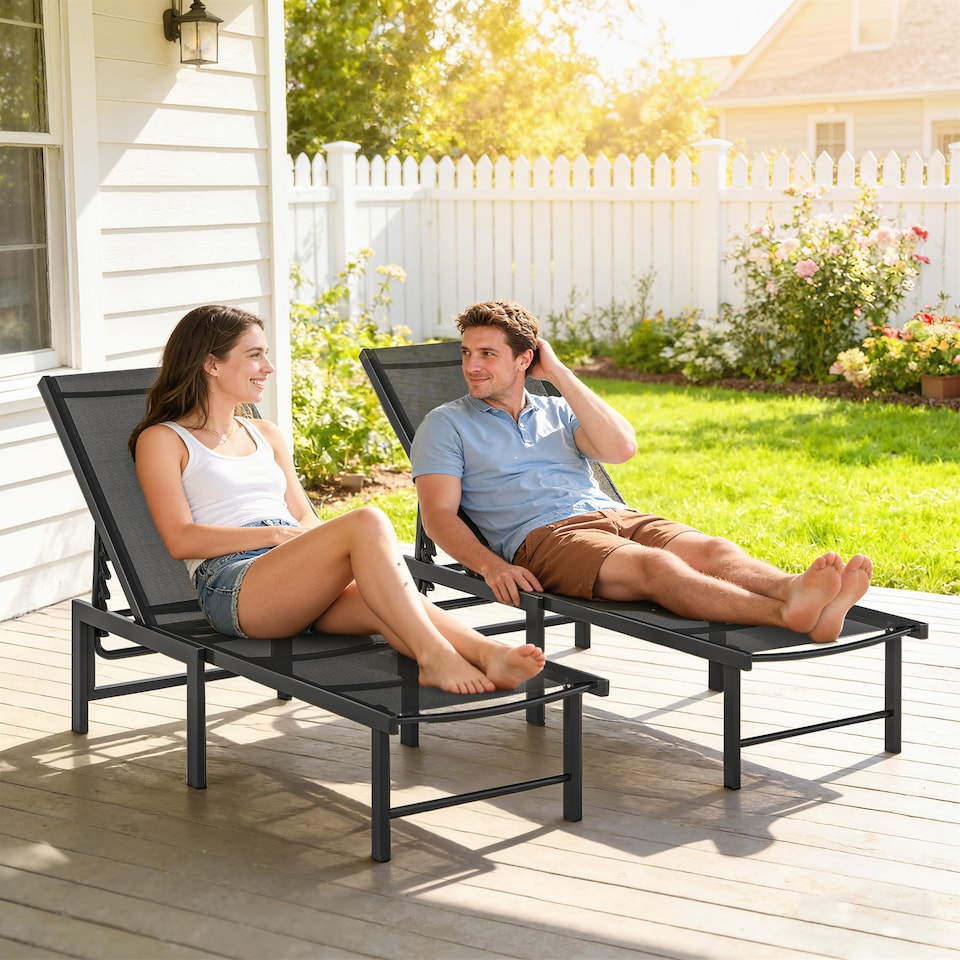 image 1 of Outsunny Sun Loungers Set of 2, 5-Level Reclining Sunbeds, Black | Black | Black | Not provided
