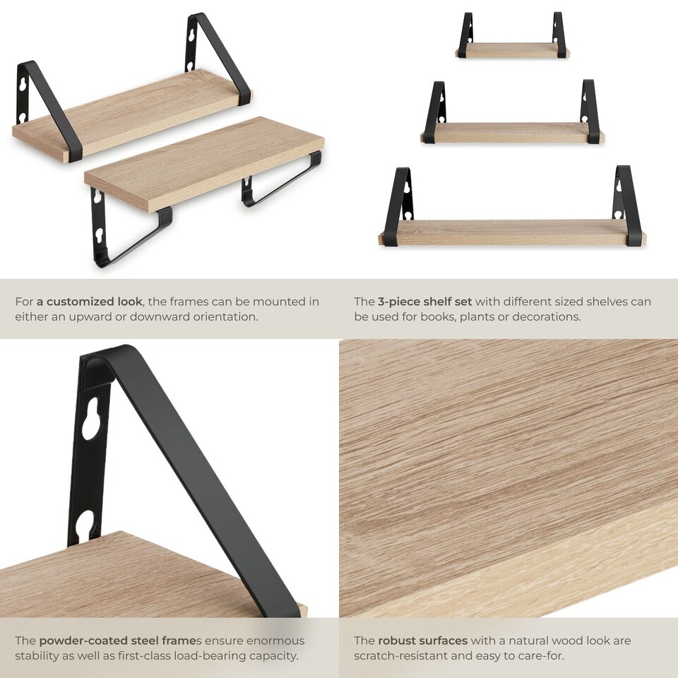 image 1 of Wall Shelves - set of 3, decorative metal brackets, high load-capacity, 3 widths included | Brown | industrial wood light, oak Sonoma | 40 x 12 x 12 cm | 1