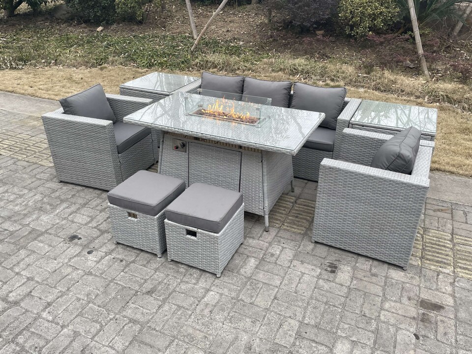 image 1 of Fimous Rattan Garden Furniture Set Gas Fire Pit Lounge Sofa Chair Dining Set With 2 Side Table And 2 PC Arm Chair 2 Stools