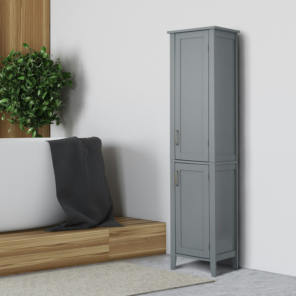 image 1 of Teamson Home Mercer Mid Century Modern Bathroom Linen Tower Storage with Two Doors, Gray