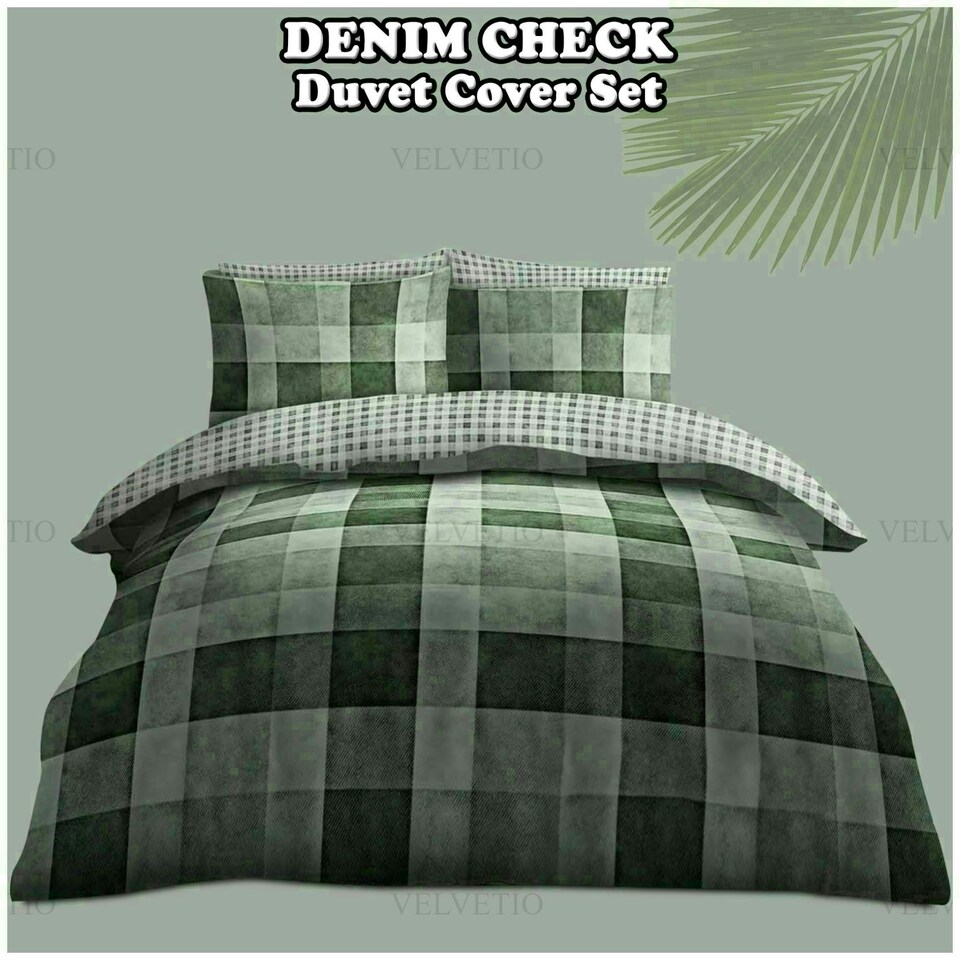 image 1 of VELVETIO Denim Check Printed Duvet Cover Set Reversible Polycotton Beddings Blue | King