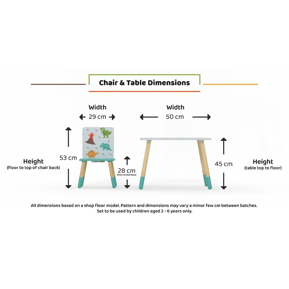 image 1 of Dino Kids Table & 2 Chairs Set - Space Saving Play Furniture with Scandi Pine Legs & Dinosaur Graphics - Assembly Required