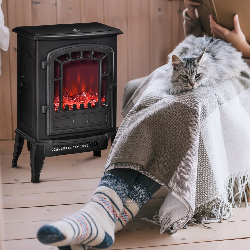 image 1 of HOMCOM Freestanding Electric Fireplace Heater W/ Realistic Flame Effect Black | Black