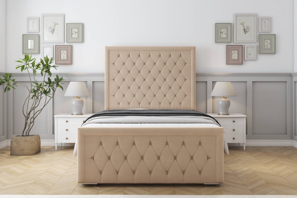image 1 of Sloomy Monroe Pebble Plush Bed Frame With Mattress With 50" Upholstered Headboard 5' King