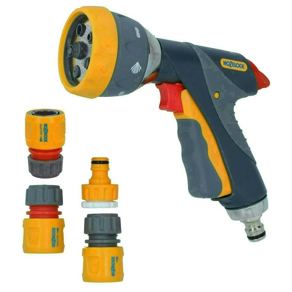 image 1 of Hozelock Multi Spray Gun Pro Water Hose Pipe 7 Function Metal & 3 Fittings