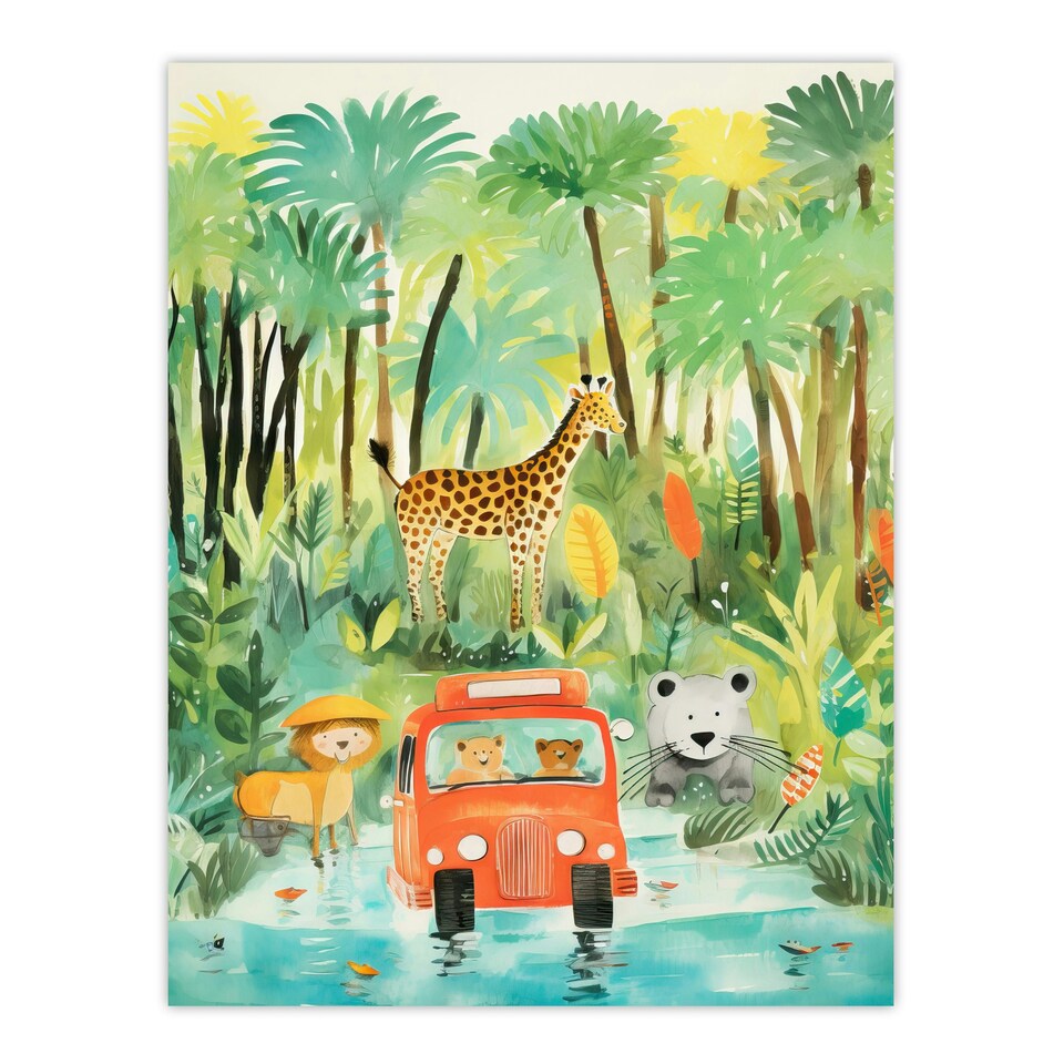 image 1 of Jungle Safari Adventure Animals Kids Bedroom Black Framed Wall Art Print A4