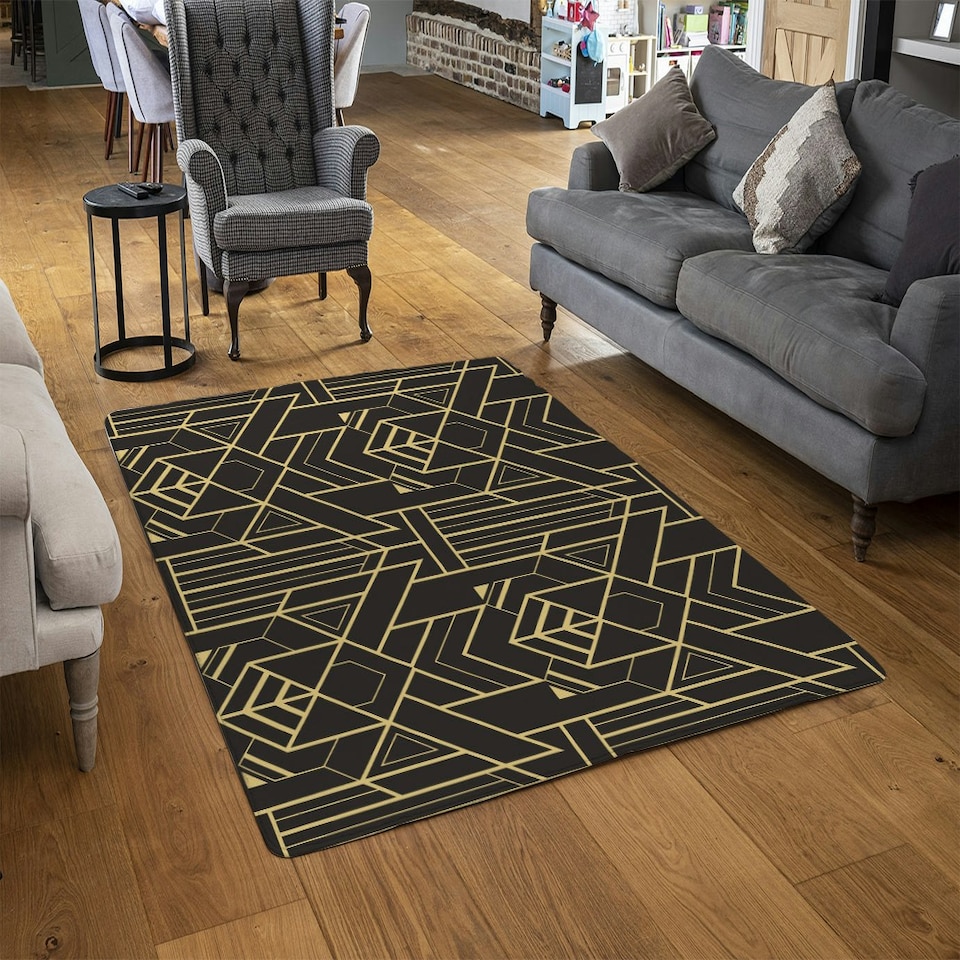 image 1 of golden lined shape (Rug) Black | XL: 160x230cm