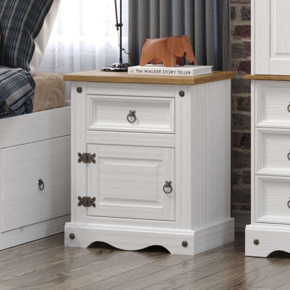 image 1 of Corona Premium Bedside Cabinet - Mexican Pine Design with Dovetail Drawer and Metal Hardware | White | White Wax | One Size | 1