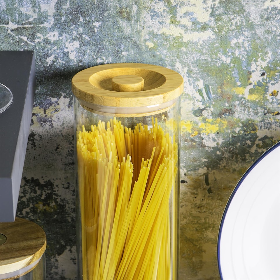 image 1 of Argon Tableware Glass Storage Jar - Carved Wood Lid - 2 Litre - Modern Round Scandi Organisation Container Glass Jar