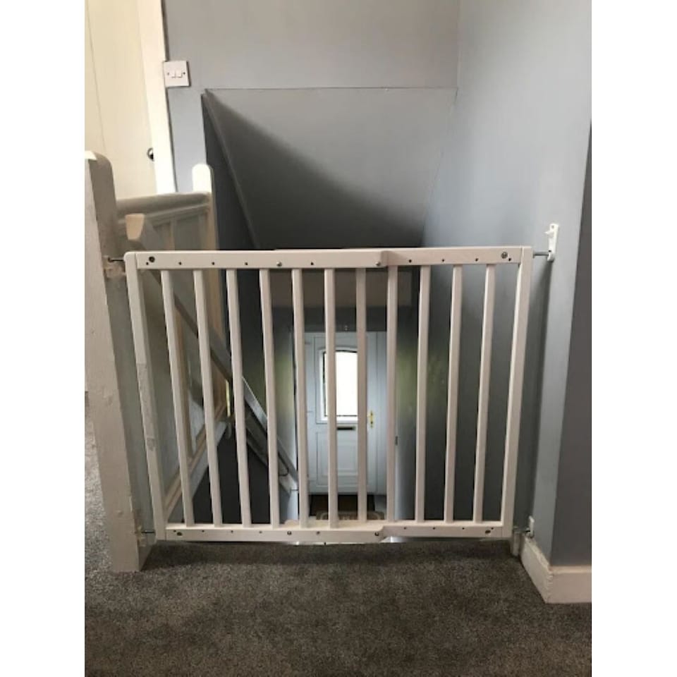 image 1 of Safetots Top of The Stairs Screw Fitted Stair Gate, White Wooden, 63.5cm - 105.5cm, Wood Baby Gate, Stylish Safety Gate | White | 1
