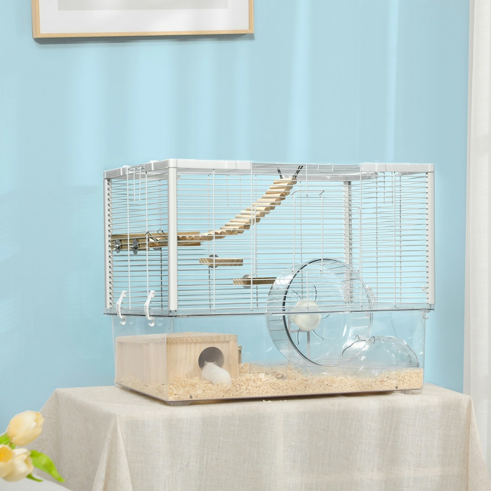 image 1 of PawHut Hamster Cage, Gerbil Cage w/ Deep Bottom, Wooden Ramp, Exercise Wheel