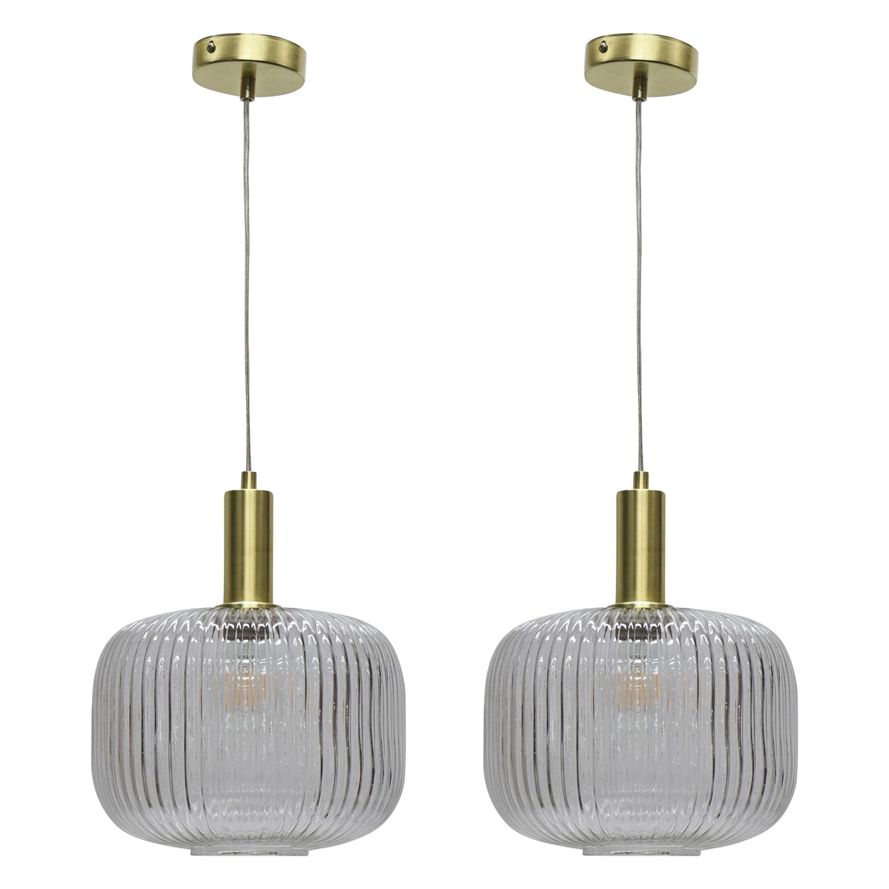 Set of 2 Batley Large - Clear Ribbed Glass Satin Brass Deco Pendants