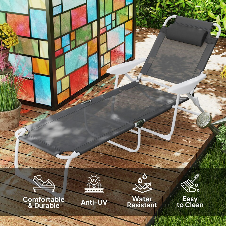 image 1 of Outsunny Folding Sun Lounger with 4-Level Backrest & Headrest, Charcoal Grey
