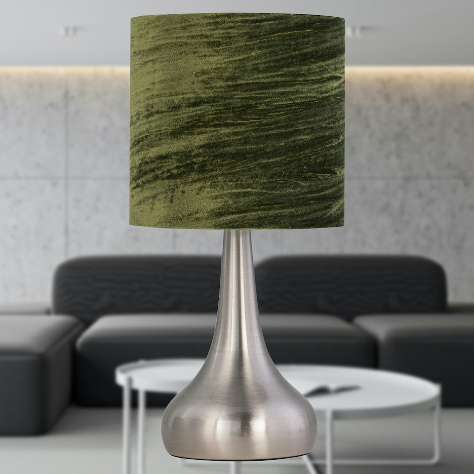 image 1 of Set of 2 Romana - Brushed Chrome Touch Operated Table Lamps Bedside Lights Dark Green Crushed Velvet Shade Silver | Green
