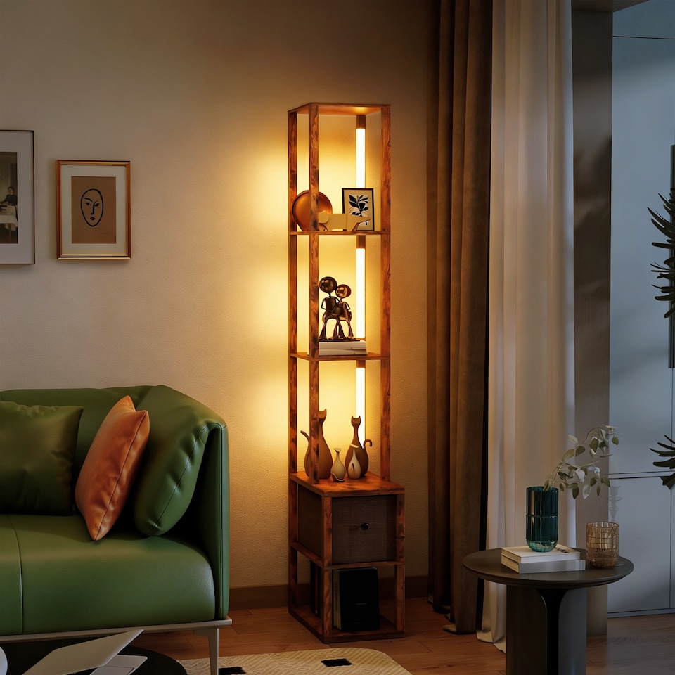 image 1 of HOMCOM LED Floor Lamp, Standing Lamp with Shelves and Fabric Drawer, Brown | Brown