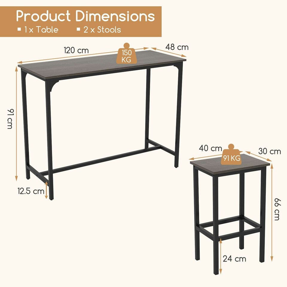 image 1 of COSTWAY 3Pcs Dining Table Set Counter Height Kitchen Gray Grey