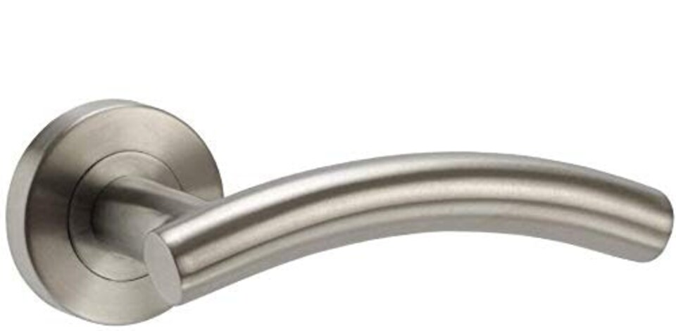 image 1 of Golden Grace Arched T-Bar Bathroom Door Handles Lever on Round Rose in Satin Nickel Finish with 1 Pair of 3" Butt Hinges | Grey | 1 Set