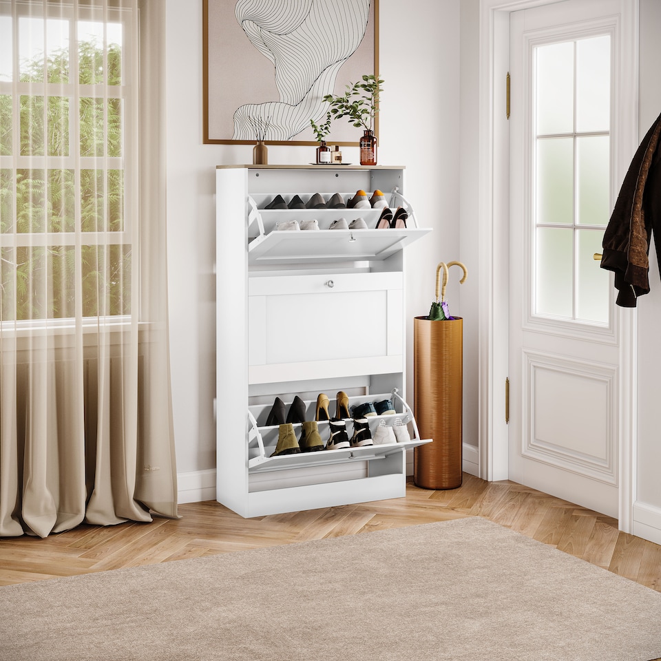 image 1 of Vida Designs 3 Drawer Shoe Cabinet Hallway Home Entrance Storage Unit, White & Oak