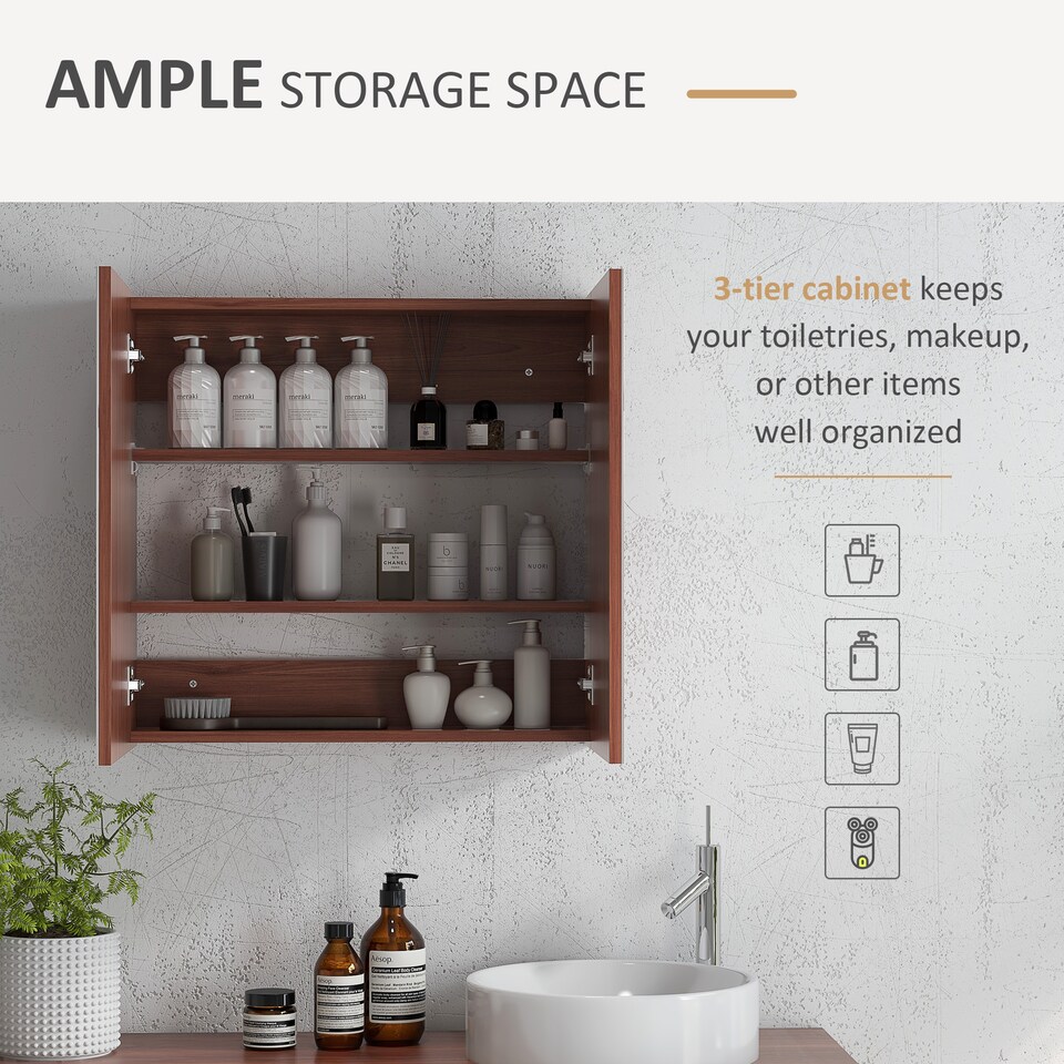 image 1 of kleankin Double Door Bathroom Mirror Cabinet, Wall Mounted Bathroom Storage Cabinet, Soft Closing, 63L x 60Hcm