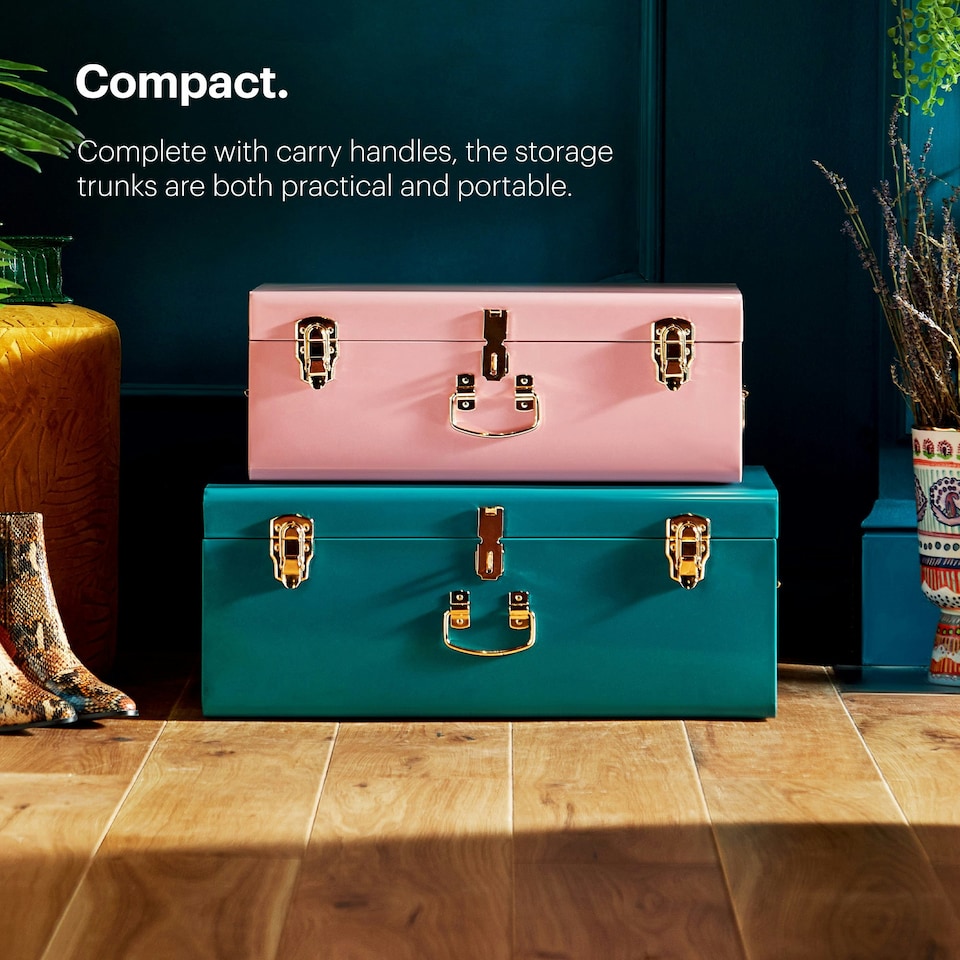 image 1 of BTFY Set of 2 Pink & Teal Stainless Steel Storage Trunks
