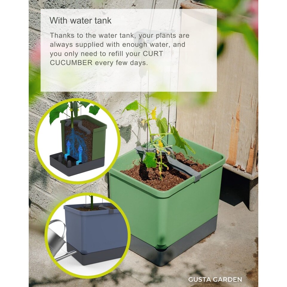image 1 of GUSTA GARDEN Curt Cucumber Pot - Plant Pot with Trellis for Cucumbers, Irrigation System (Dark Green)