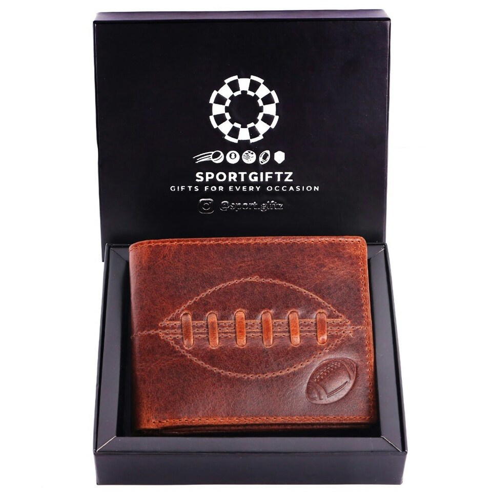 image 1 of SPORTGIFTZ - Buffalo Leather Rugby Wallet | RFID Protection | 7 Card Slots | Coin Pouch & ID Holder | Rugby Fan Accessory | Multicoloured, 10cm x 8cm, Leather Brown