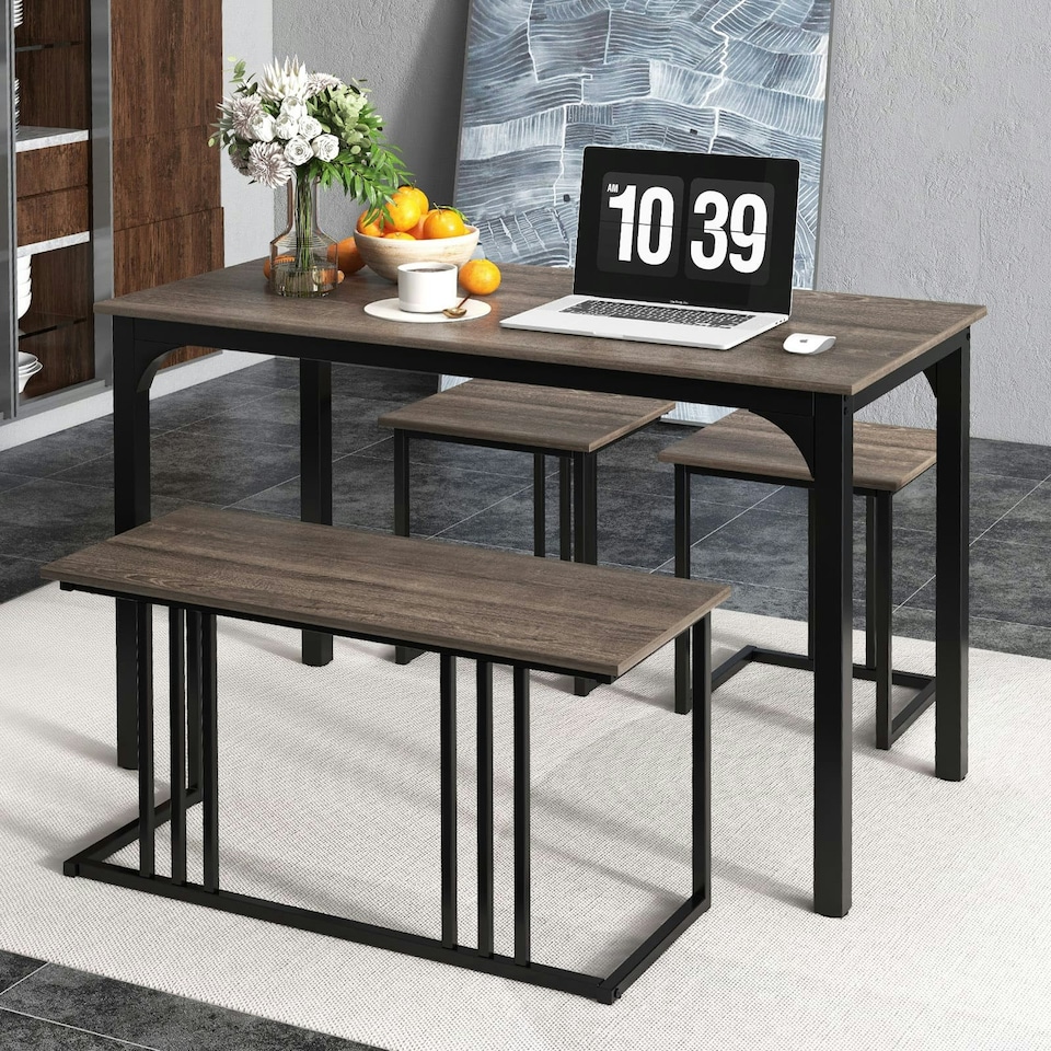 image 1 of COSTWAY 4-Piece Dining Table Set W/ Bench & 2 Stools Grey