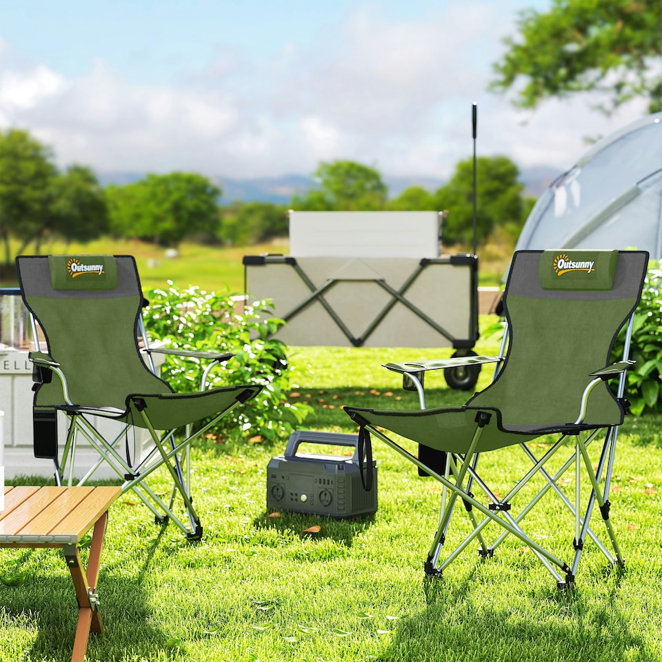 image 1 of Outsunny Set of 2 Reclining Camping Chairs Green | Olive Green, Grey