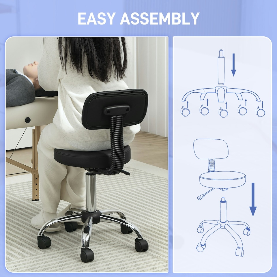 image 1 of HOMCOM Rolling Stool with Backrest, Wheels, Faux Leather Salon Chair Black