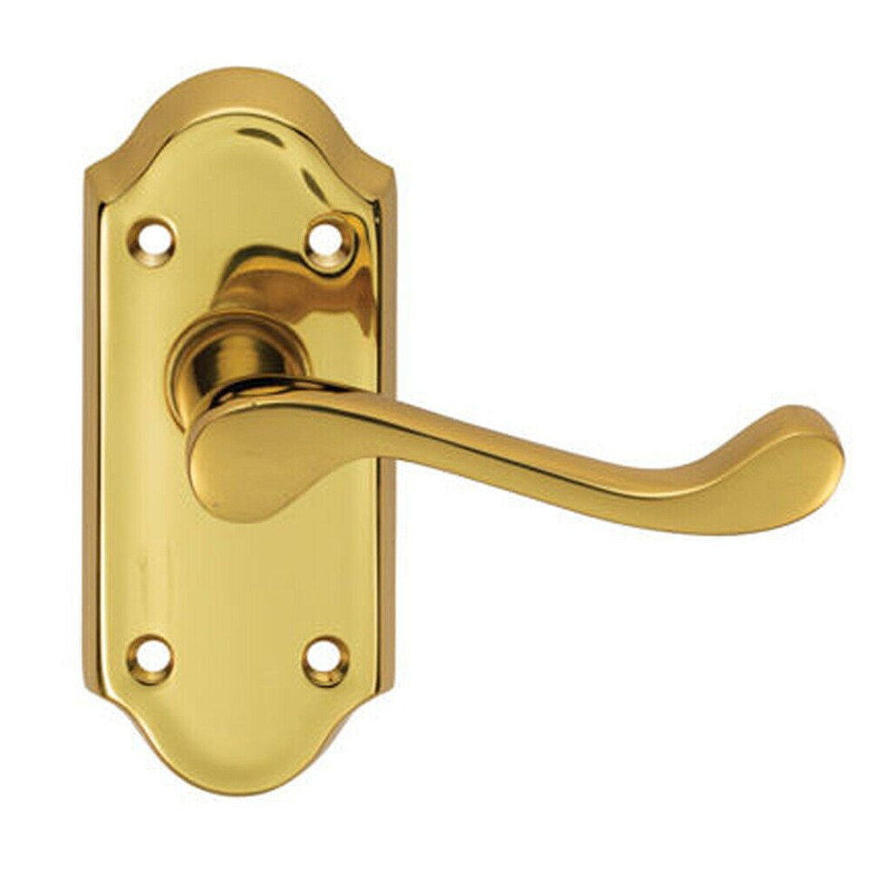 image 1 of PAIR Victorian Scroll Lever on Short Latch Backplate 112 x 48mm Polished Brass